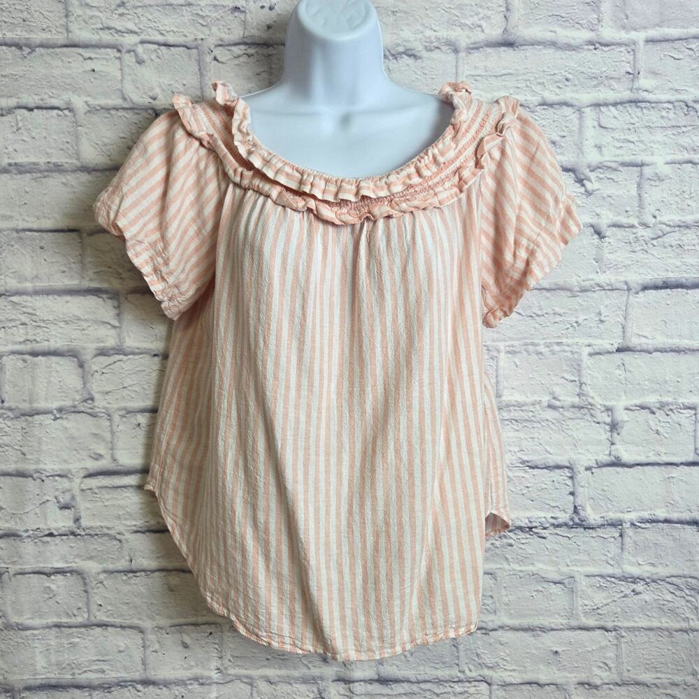 Tommy Hilfiger Large Pink Striped Linen Blend Off-the-Shoulder Top